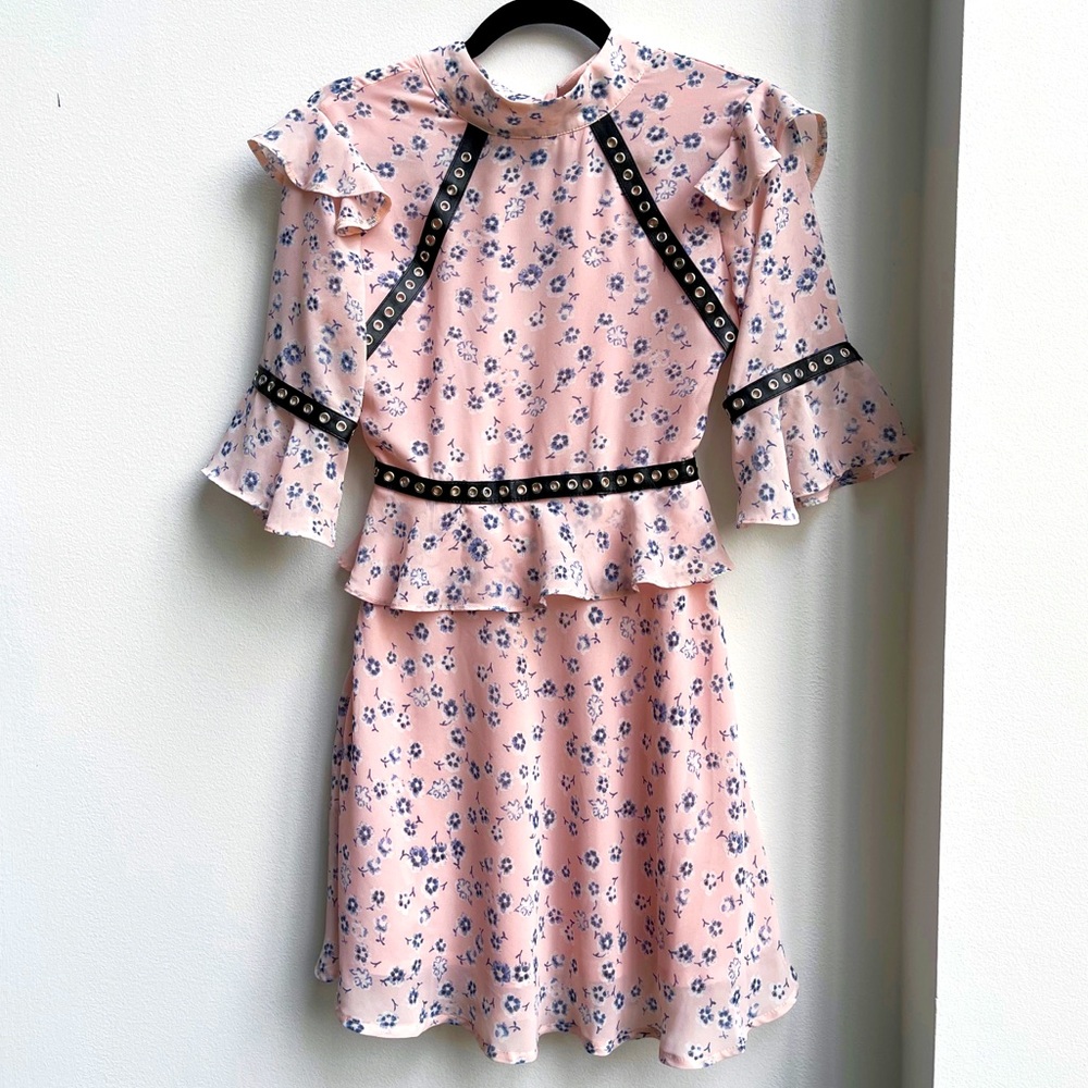 NWT beautiful light pink floral dress with ruffles and leather straps